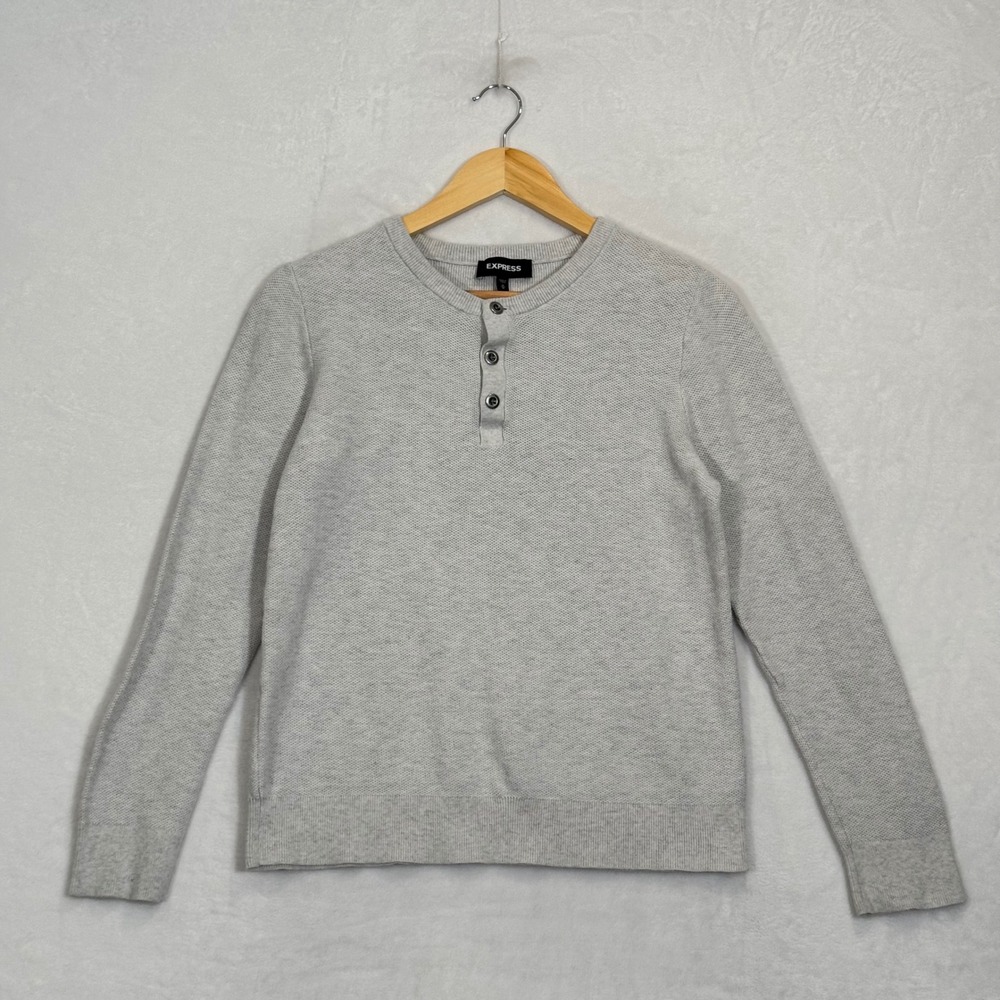 Express Light Gray Waffle Knit Henley Sweater Medium
